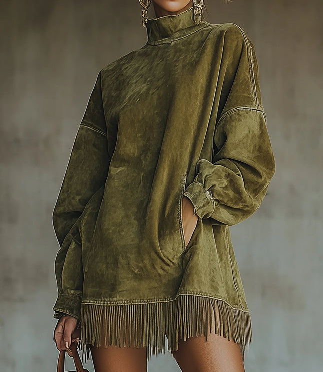 Briella | Women's Knit Sweater Dress with Fringe Hem - Olive Green - Image 1