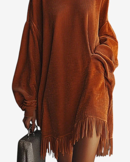 Waverly | Women's Knit Sweater Dress with Fringe - Orange - Image 3