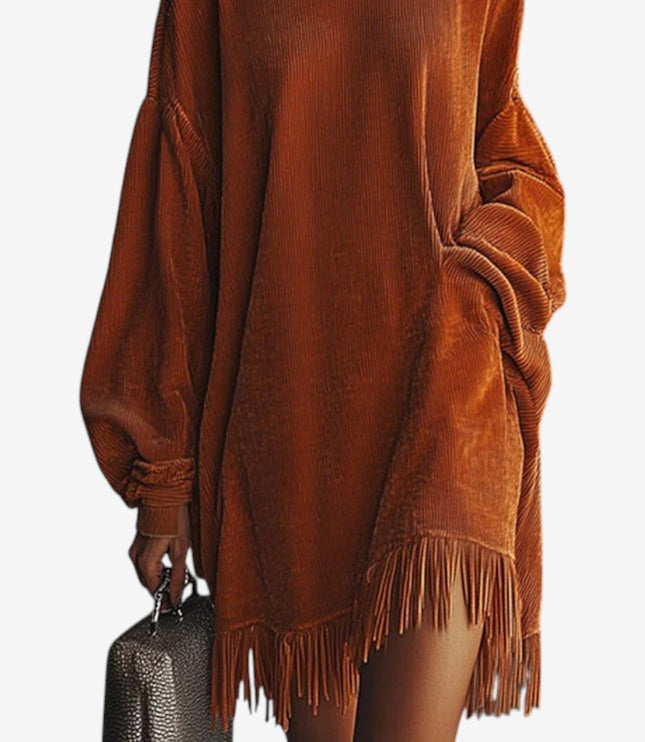 Waverly | Women's Knit Sweater Dress with Fringe - Orange - Image 3