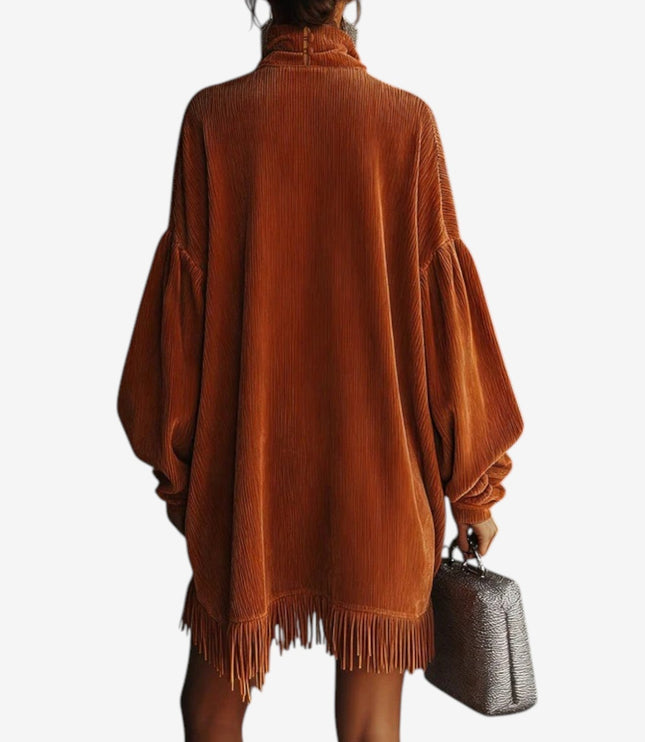 Waverly | Women's Knit Sweater Dress with Fringe - Orange - Image 4