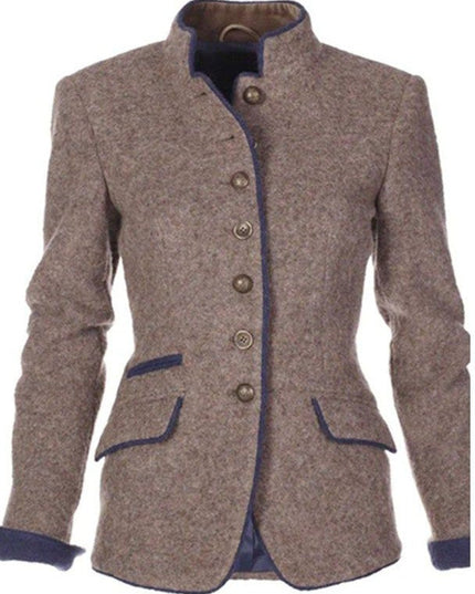 Vue de face d'un blazer de femme en laine grise avec coutures contrastées