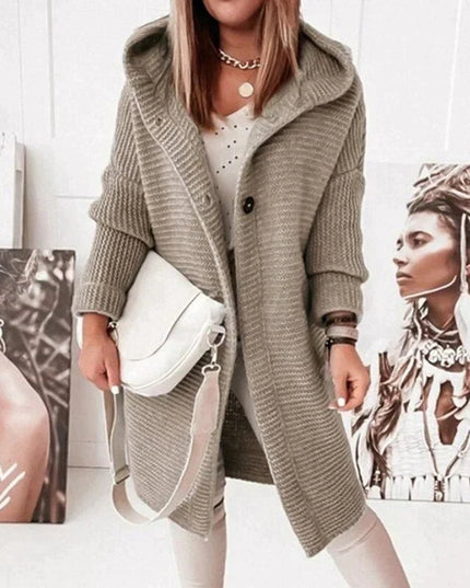 Strickjacke Damen Lang Warm Kapuze Knopfleiste Oversized - Beige