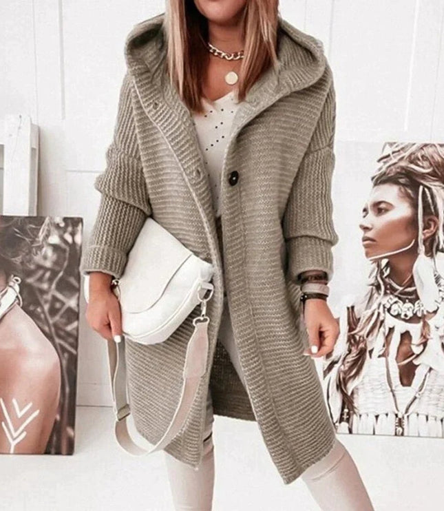 Strickjacke Damen Lang Warm Kapuze Knopfleiste Oversized - Beige