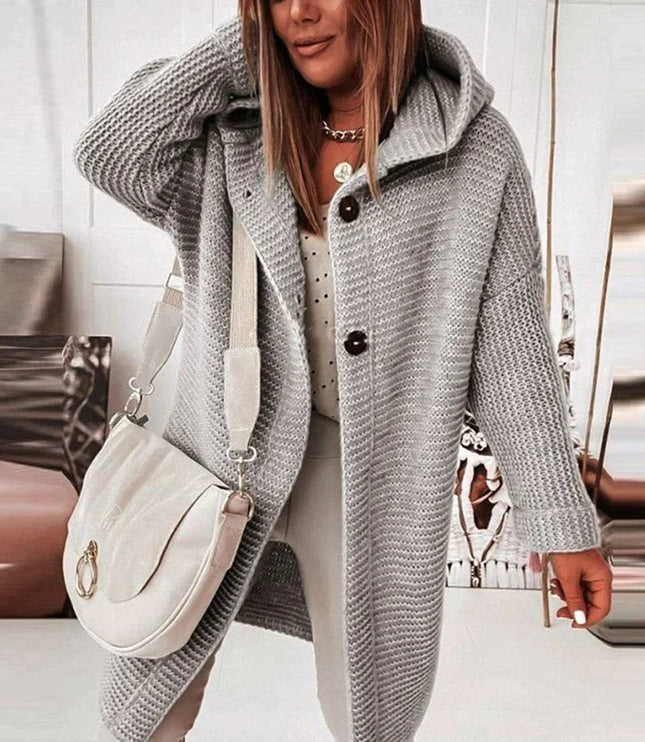 Strickjacke Damen Lang Warm Kapuze Knopfleiste Oversized - Grau
