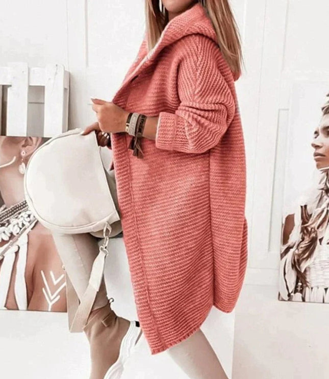 Strickjacke Damen Lang Warm Kapuze Knopfleiste Oversized