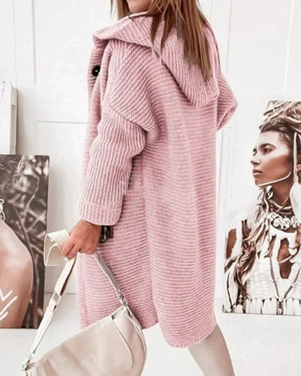 Strickjacke Damen Lang Warm Kapuze Knopfleiste Oversized
