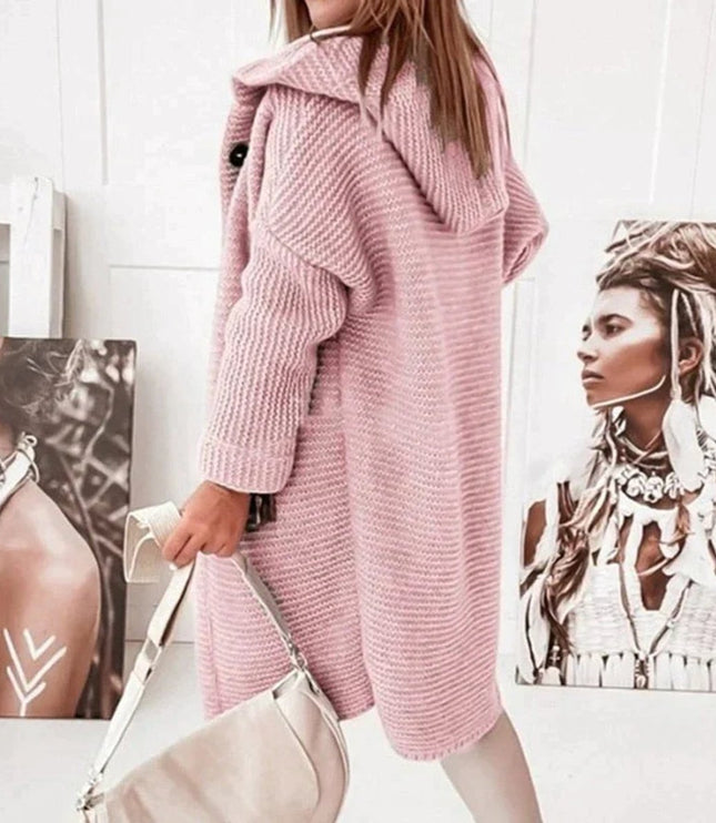 Strickjacke Damen Lang Warm Kapuze Knopfleiste Oversized