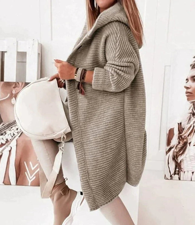 Strickjacke Damen Lang Warm Kapuze Knopfleiste Oversized