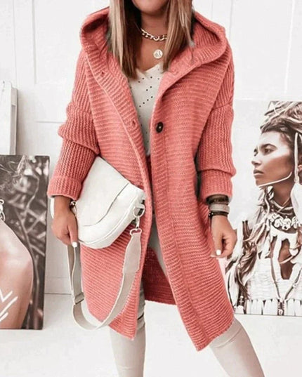 Strickjacke Damen Lang Warm Kapuze Knopfleiste Oversized - Rot
