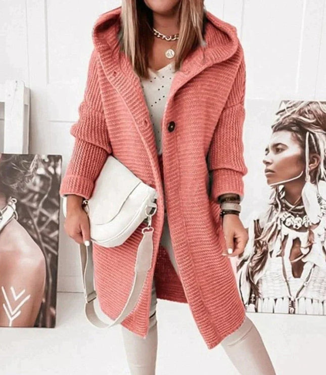 Strickjacke Damen Lang Warm Kapuze Knopfleiste Oversized - Rot