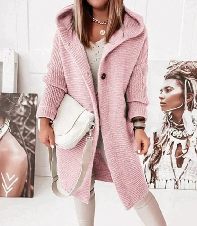 Strickjacke Damen Lang Warm Kapuze Knopfleiste Oversized - Rosa