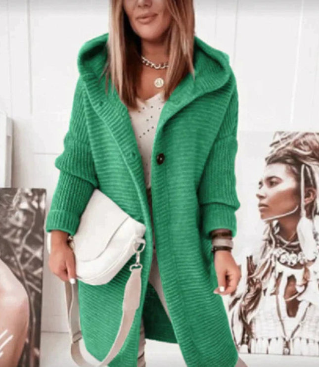 Strickjacke Damen Lang Warm Kapuze Knopfleiste Oversized - Grün