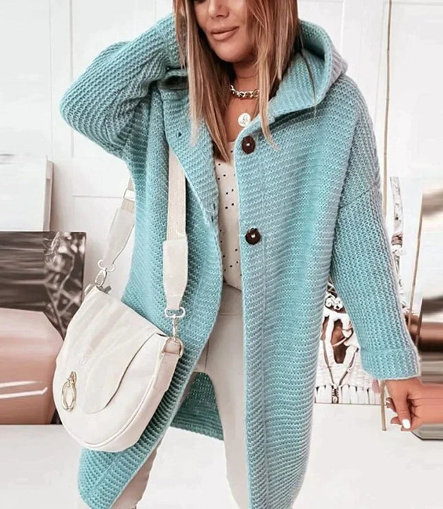Strickjacke Damen Lang Warm Kapuze Knopfleiste Oversized - Blau