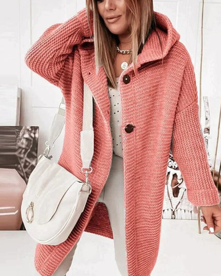 Strickjacke Damen Lang Warm Kapuze Knopfleiste Oversized