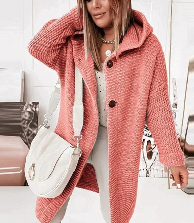 Strickjacke Damen Lang Warm Kapuze Knopfleiste Oversized