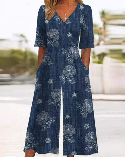 Damski Kombinezon Boho w Kwiaty z Dekoltem V i Kieszeniami