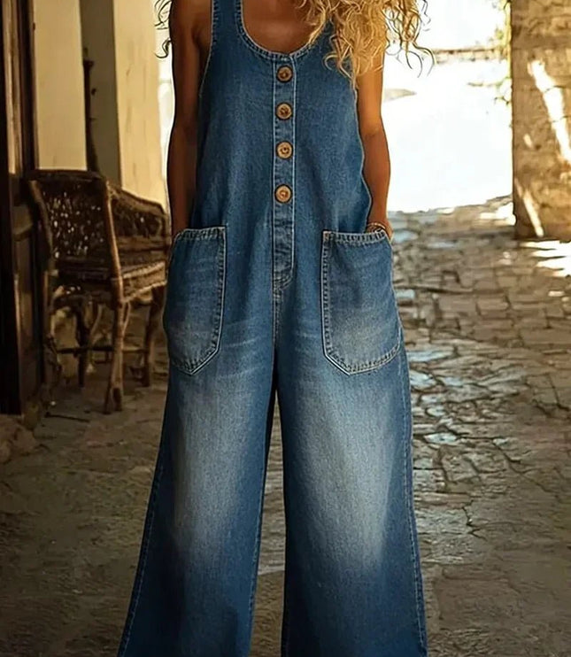 Damski Kombinezon Jeansowy Boho Bez Rękawów Luźna Sylwetka