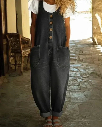 Damski Kombinezon Jeansowy Boho Bez Rękawów Luźna Sylwetka