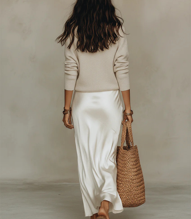 Priya | Women's Knit Sweater & Satin Midi Dress Set - Cream - Image 9