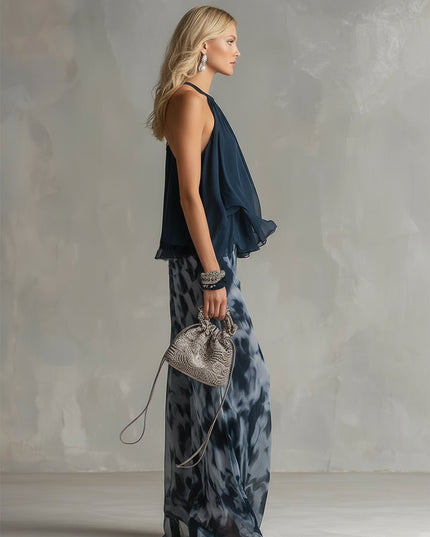 Damski Komplet Halter Top i Szerokie Spodnie Palazzo Letni