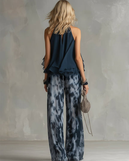 Damski Komplet Halter Top i Szerokie Spodnie Palazzo Letni