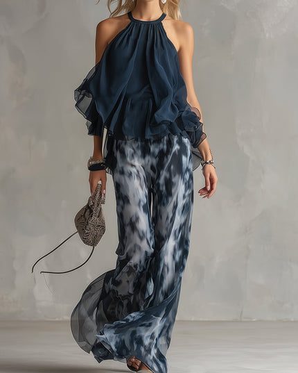 Damski Komplet Halter Top i Szerokie Spodnie Palazzo Letni