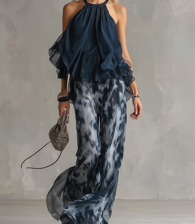 Damski Komplet Halter Top i Szerokie Spodnie Palazzo Letni