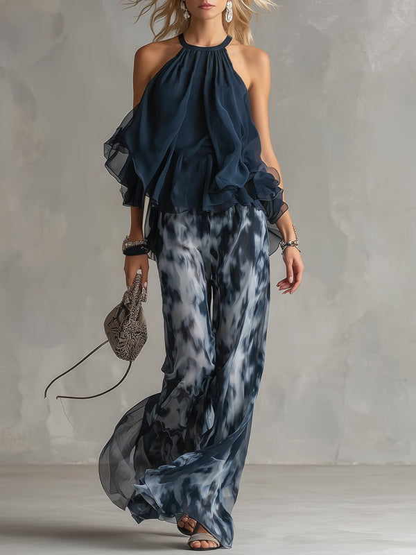 Damski Komplet Halter Top i Szerokie Spodnie Palazzo Letni