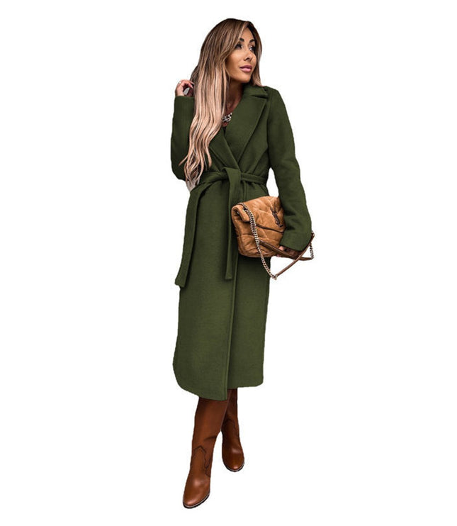 Trenchcoat Damen Eleganter Langer Wollmantel mit Bindegürtel - Olivgrün