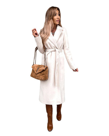 Trenchcoat Damen Eleganter Langer Wollmantel mit Bindegürtel - Weiß