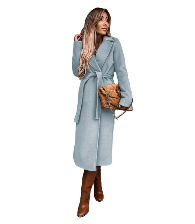 Trenchcoat Damen Eleganter Langer Wollmantel mit Bindegürtel - Himmelblau