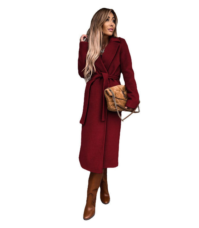 Trenchcoat Damen Eleganter Langer Wollmantel mit Bindegürtel