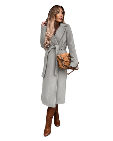 Trenchcoat Damen Eleganter Langer Wollmantel mit Bindegürtel - Hellgrau
