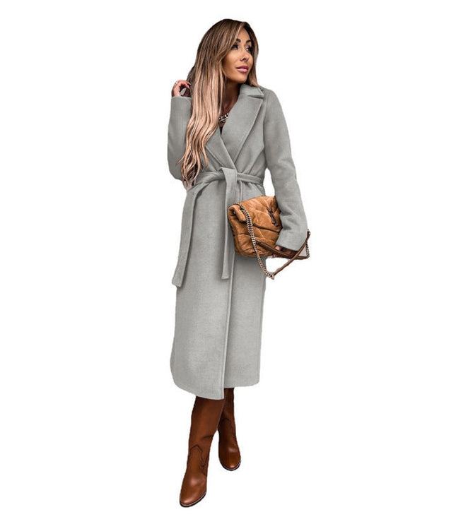 Trenchcoat Damen Eleganter Langer Wollmantel mit Bindegürtel - Hellgrau