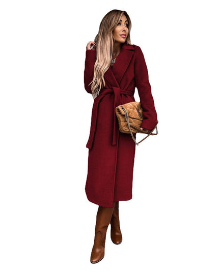 Trenchcoat Damen Eleganter Langer Wollmantel mit Bindegürtel - Rot