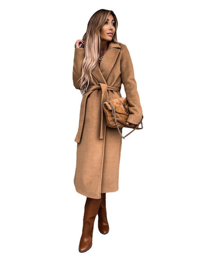 Trenchcoat Damen Eleganter Langer Wollmantel mit Bindegürtel - Khaki