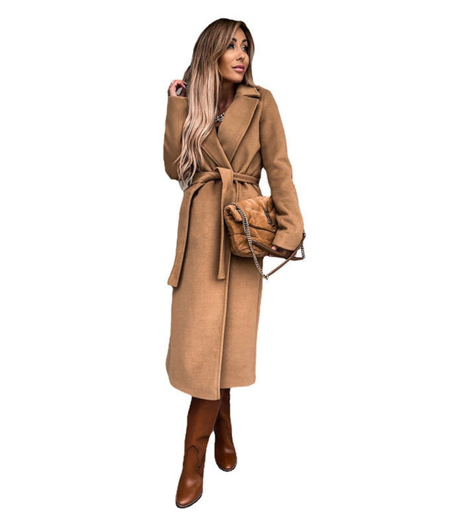 Trenchcoat Damen Eleganter Langer Wollmantel mit Bindegürtel - Khaki