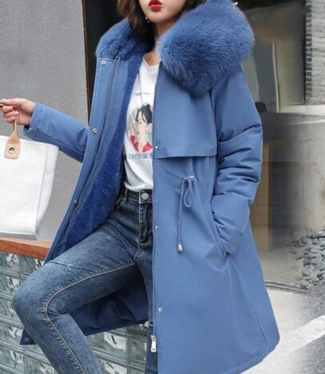 Wollmantel Damen Langer Parka Kapuze Kunstpelzkragen Wintermantel - Blau