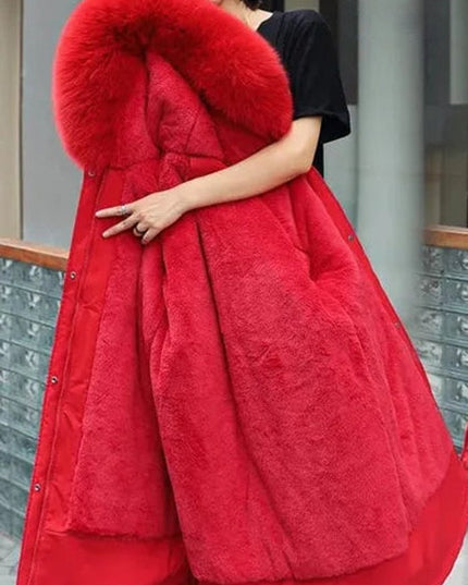 Wollmantel Damen Langer Parka Kapuze Kunstpelzkragen Wintermantel - Rot