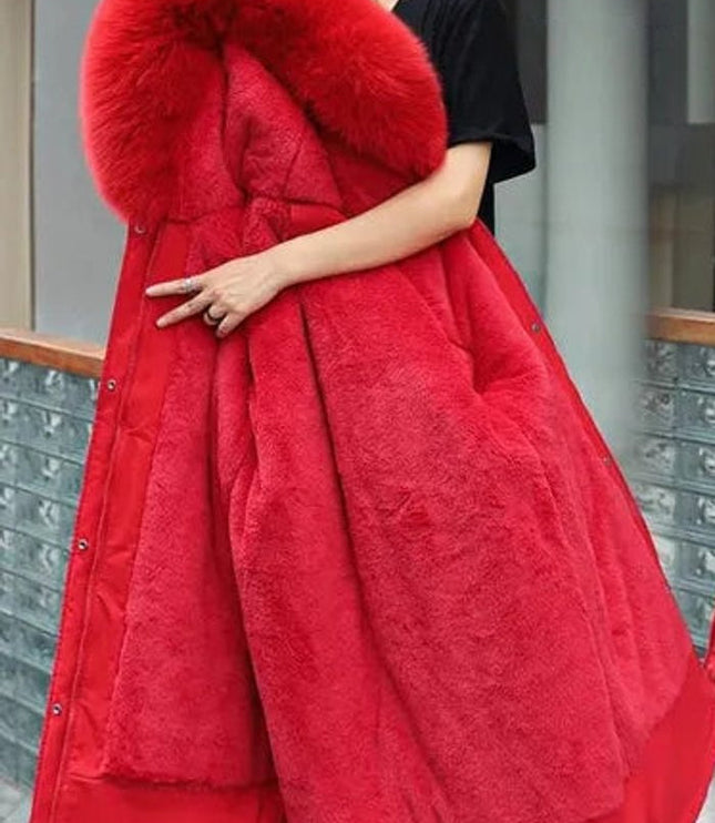 Wollmantel Damen Langer Parka Kapuze Kunstpelzkragen Wintermantel - Rot