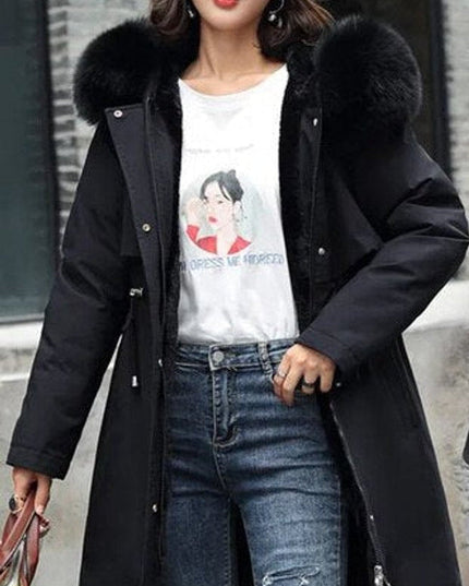 Wollmantel Damen Langer Parka Kapuze Kunstpelzkragen Wintermantel - Schwarz