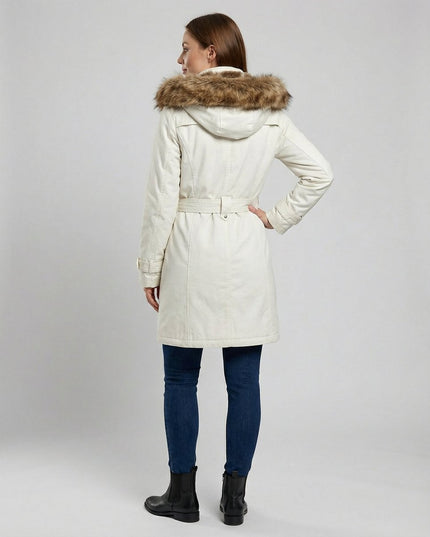 Wintermantel Damen Langer Gefütterter Parka mit Kunstfell-Kapuze