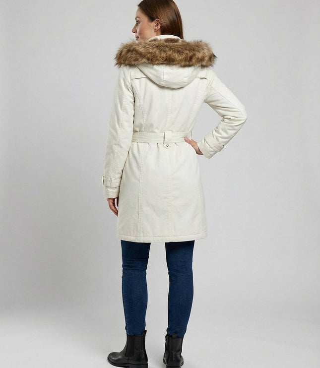 Wintermantel Damen Langer Gefütterter Parka mit Kunstfell-Kapuze