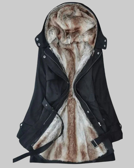 Wintermantel Damen Langer Gefütterter Parka mit Kunstfell-Kapuze - Schwarz
