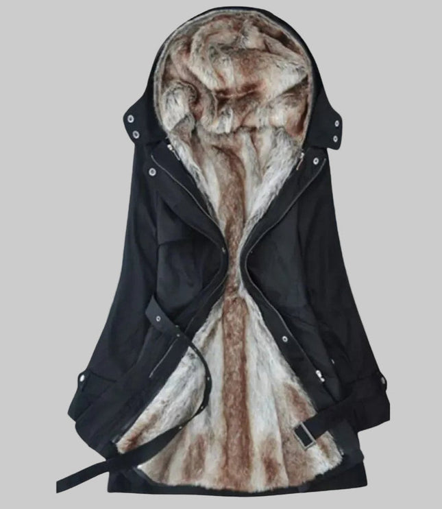 Wintermantel Damen Langer Gefütterter Parka mit Kunstfell-Kapuze - Schwarz