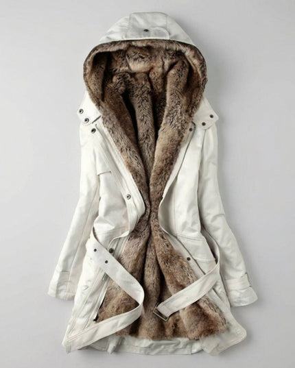 Wintermantel Damen Langer Gefütterter Parka mit Kunstfell-Kapuze - Beige
