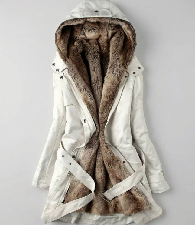 Wintermantel Damen Langer Gefütterter Parka mit Kunstfell-Kapuze - Beige