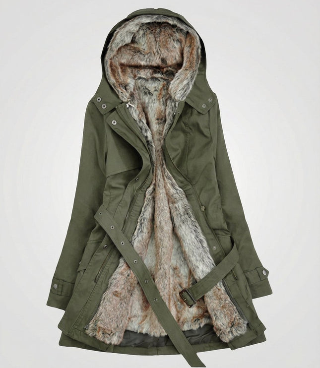 Wintermantel Damen Langer Gefütterter Parka mit Kunstfell-Kapuze - Grün
