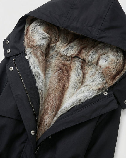 Wintermantel Damen Langer Gefütterter Parka mit Kunstfell-Kapuze