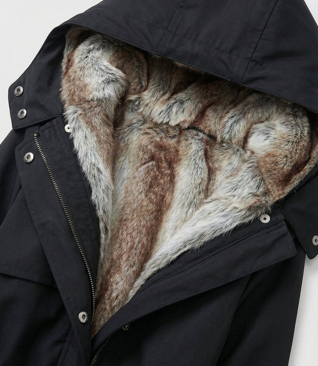 Wintermantel Damen Langer Gefütterter Parka mit Kunstfell-Kapuze